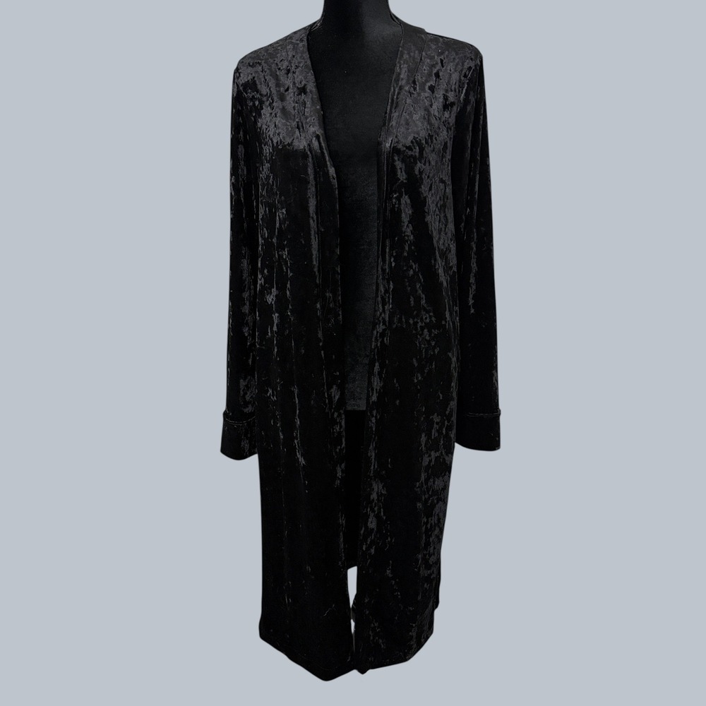 RO & DE Crushed Velvet Duster Cardigan Womens M Black Longline Witchy Goth Luxe